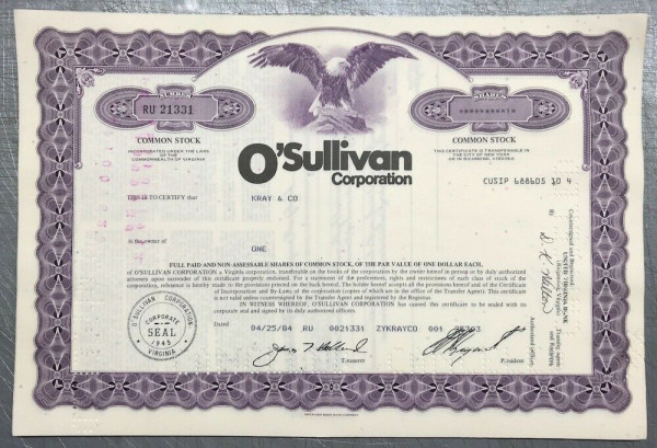 100x O&#039;Sullivan Corporation (diverse Shares) 1980er