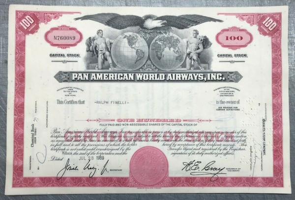 100x Pan American World Airways Inc. (100 Shares) 1960er