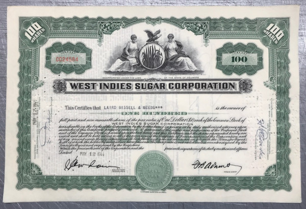 100x West Indies Sugar Corporation (100 Shares) 1940er