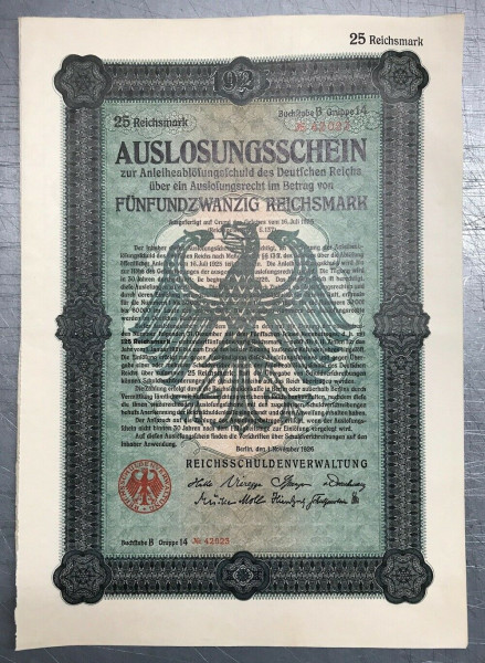 25x Deutsches Reich 1926 - 25 Reichsmark - Auslosungsschein