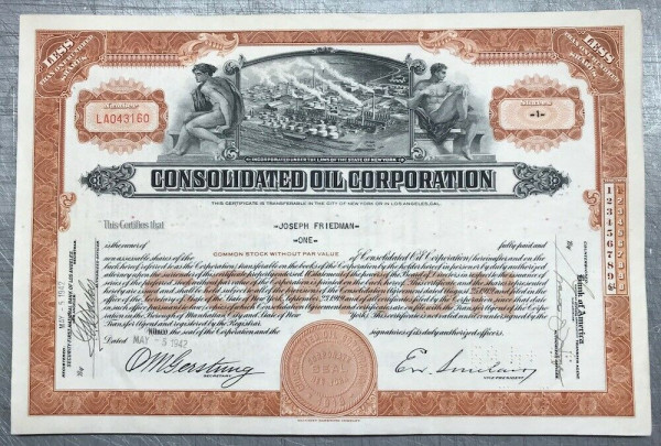 100x Consolidated Oil Corporation (&lt;100 Shares) 1940er