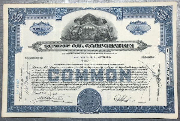 100x Sunray Oil Corporation (&lt;100 Shares) 1940er