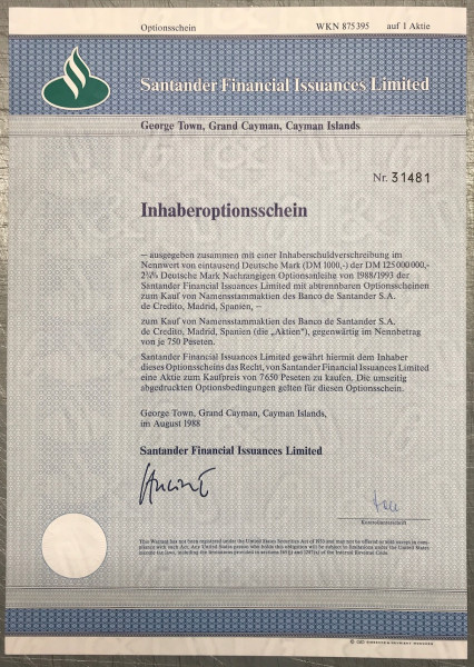 100x Santander Financial * 1er * WKN 875395
