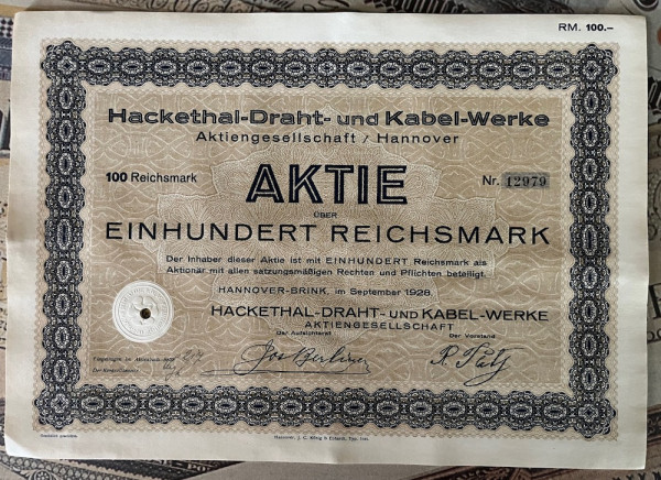 50x Hackethal Draht- & Kabel-Werke AG - 100RM - 1928