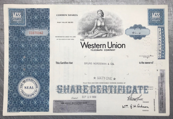 100x Western Union Telegraph Corporation (&lt;100 Shares) 1960er