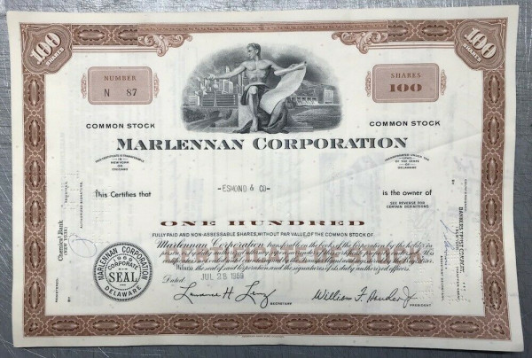 100x Marlennan Corporation (100 Shares) 1960er