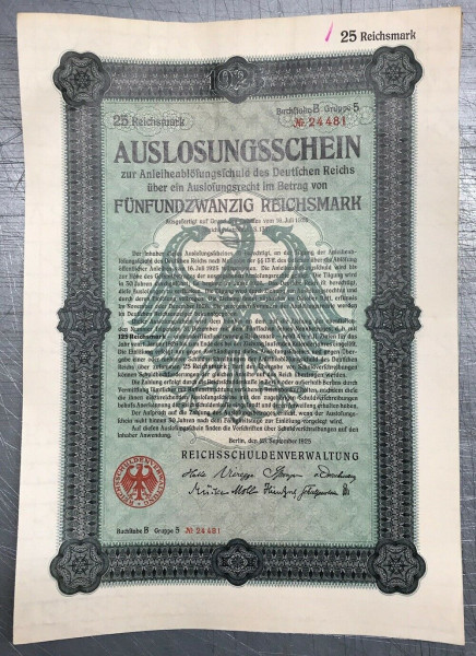 25x Deutsches Reich 1925 - 25 Reichsmark - Auslosungsschein