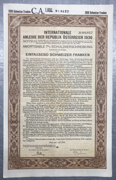 20x Int. Anleihe Österreich - 1000 Schweizer Franken - 1930