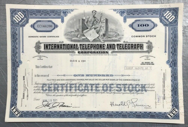 100x International Telephone &amp; Telegraph (100 Shares) 1970er