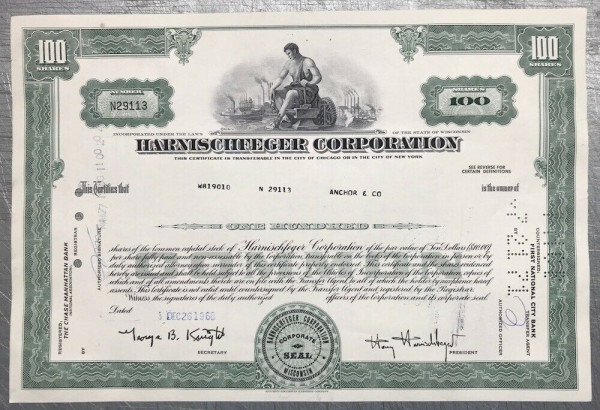 100x Harnischfeger Corporation (100 Shares) 1960er