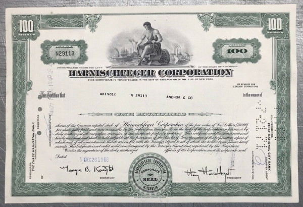 100x Harnischfeger Corporation (100 Shares) 1960er
