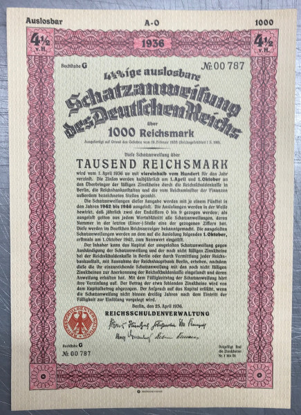 50x Deutsches Reich 1936 - 1000 Reichsmark - Schatzanweisung