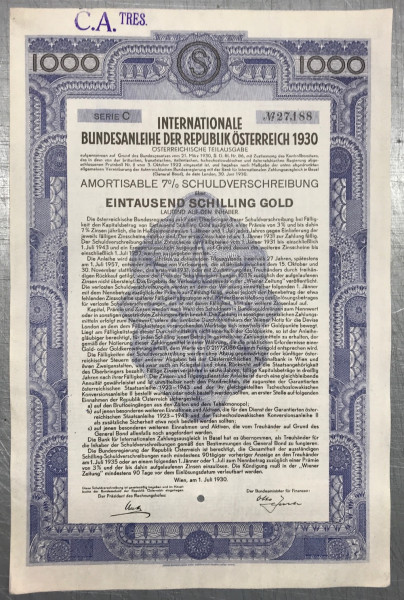 20x Bundesanleihe Österreich - 1000 Schilling GOLD - 1930