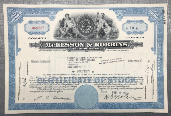 100x McKesson &amp; Robbins Incorporated (&lt;100 Shares) 1960er