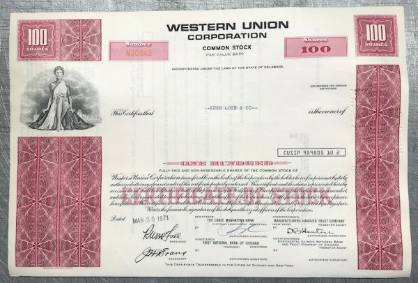 100x Western Union Corporation (100 Shares) 1970er