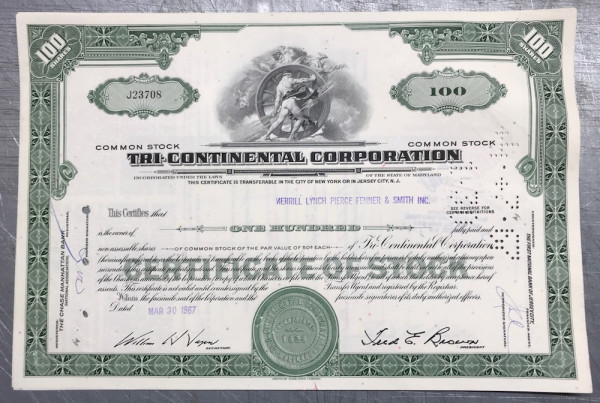 100x Tri-Continental Corporation (100 Shares) 1960er