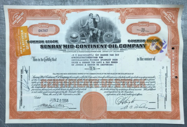 100x Sunray Mid-Continent Oil Company (&lt;100 Shares) 1950er Steuerstempeln