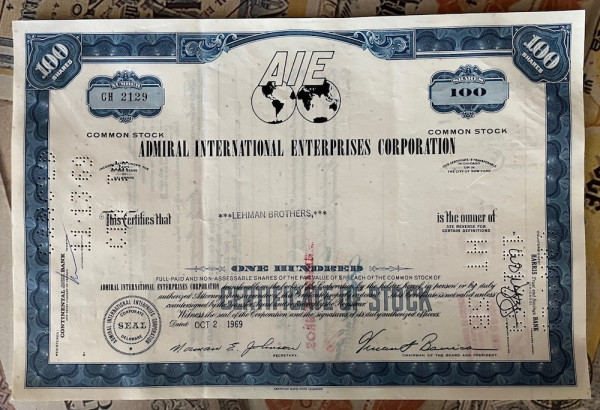 100x Admiral International Enterprises Corp. (100 Shares) 1960er