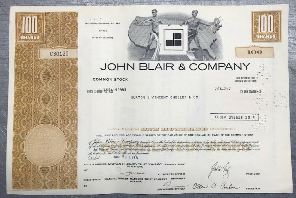 100x John Blair & Company (100 Shares) 1970er Karte