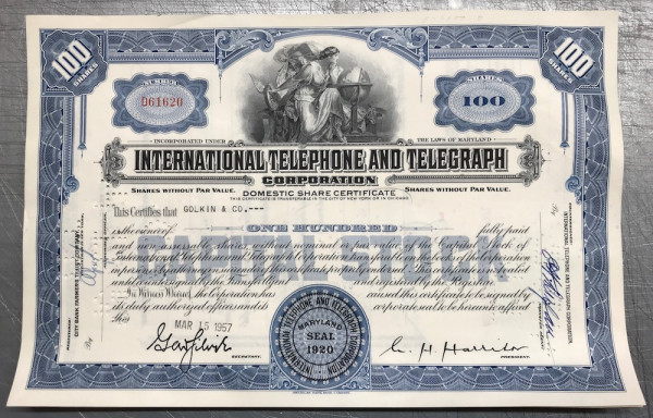 100x International Telephone & Telegraph (100 Shares) 1950er