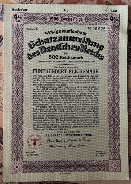 50x Deutsches Reich 1936 - 500 Reichsmark - Schatzanweisung