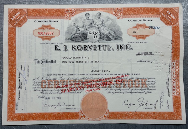 100x E. J. Korvette Inc. (<100 Shares) 1960er Aufdruck