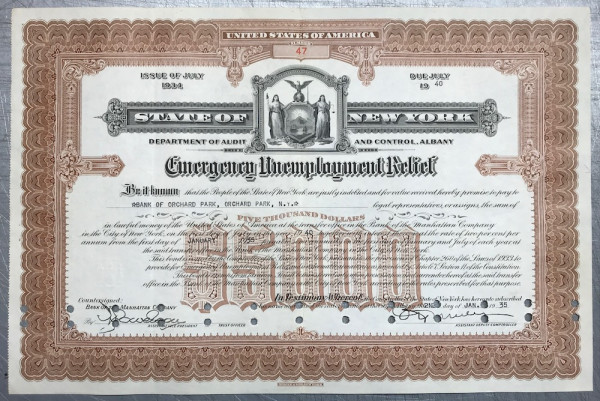 50x Emergency Unemployment Relief $5.000 Issue 1934