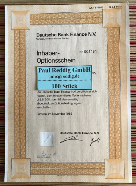 100x Deutsche Bank Finance N.V. * $500 * WKN 871968