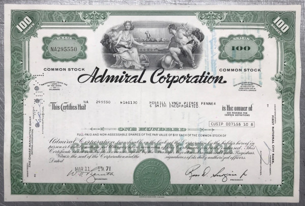 100x Admiral Corporation (100 Shares) 1970er