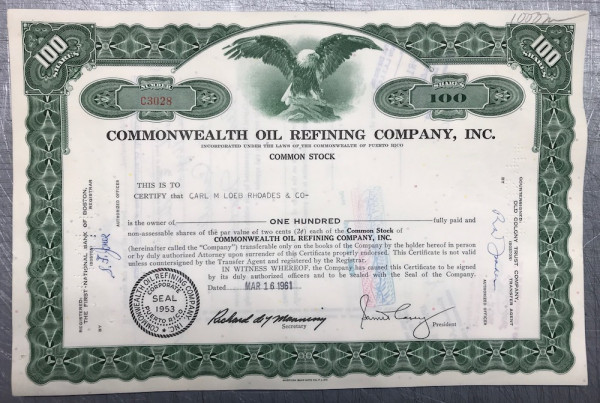 100x Commonwealth Oil Refining Company Inc. (100 Shares) 1960er