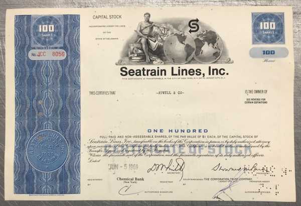 100x Seatrain Lines Inc. (100 Shares) 1960er