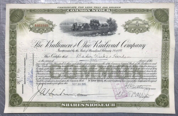 100x Baltimore &amp; Ohio Railroad (&lt;100 Shares) 1930er