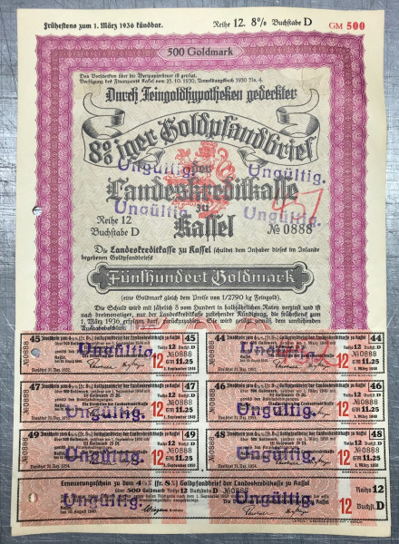 50x Landeskreditkasse Kassel - 500 Goldmark - 1930