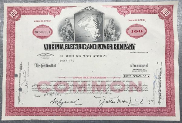 100x Virginia Electric & Power Company (100 Shares) 1970er