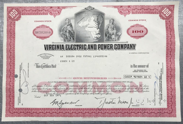 100x Virginia Electric &amp; Power Company (100 Shares) 1970er