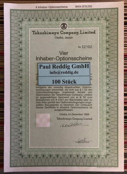 100x Takashimaya Company Limited * 4er * WKN 878250