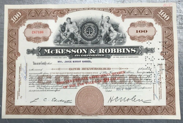 100x McKesson & Robbins Incorporated (100 Shares) 1950er