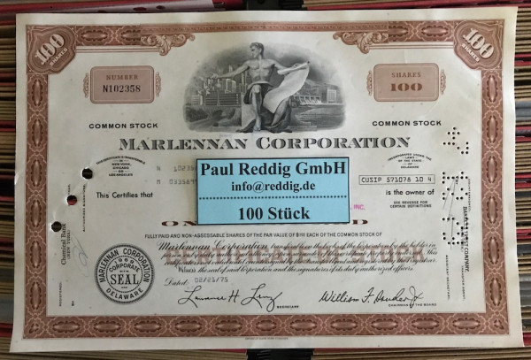 100x Marlennan Corporation (100 Shares) 1970er