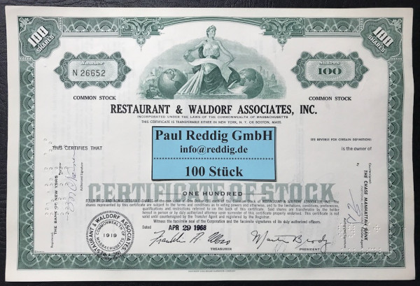 100x Restaurant & Waldorf Associates Inc. (100 Shares) 1960er