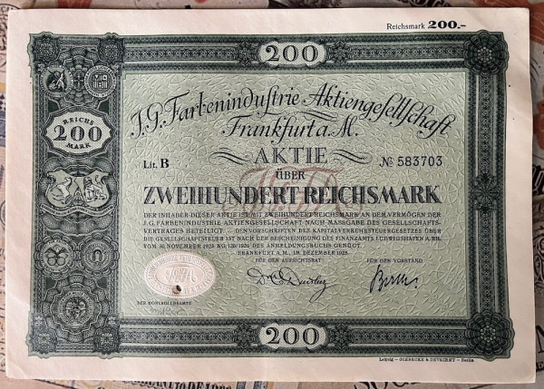 50x I.G. Farbenindustrie AG - 200 Reichsmark Lit. B - 1925