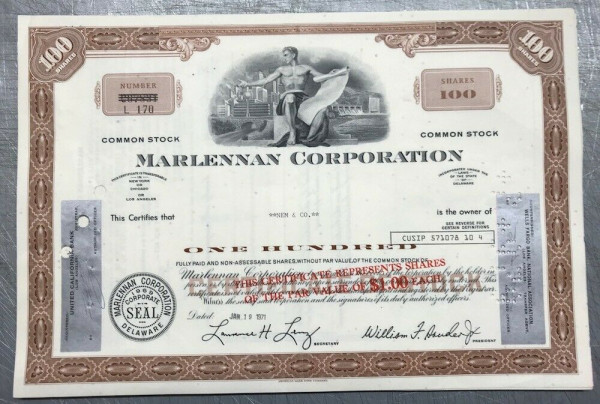 100x Marlennan Corporation (100 Shares) Aufdruck $1.00... 1970er