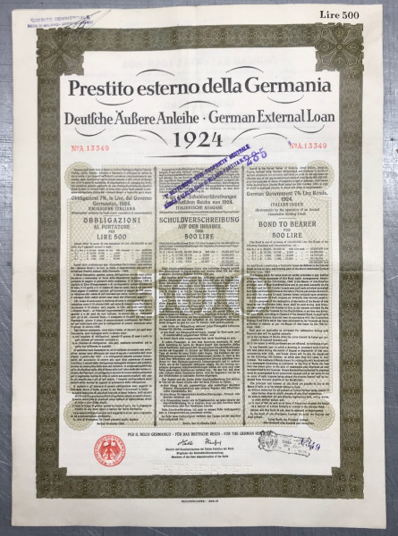25x Deutsches Reich 1924 - 500 Lire - Dawes Anleihe