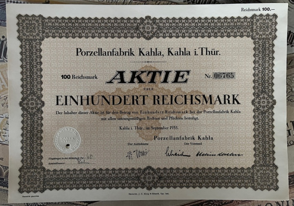 50x Porzellanfabrik Kahla - 100 Reichsmark - 1935