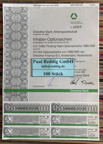 100x Dresdner Bank Aktiengesellschaft * 1er * WKN 804622