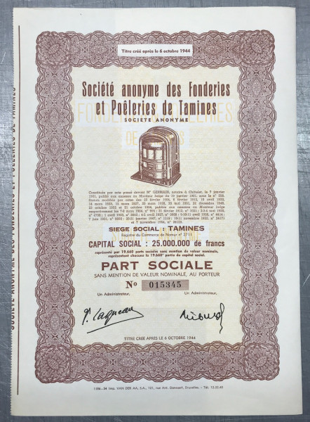 20x S.A. des Forderies et Poeleries de Tamines 1954