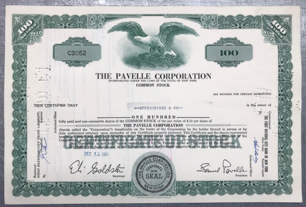 100x Pavelle Corporation (100 Shares) 1960er
