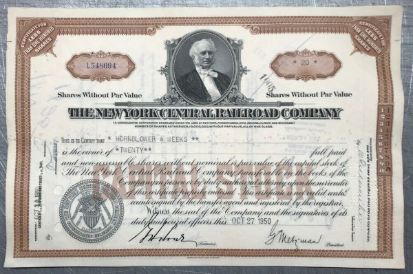 100x New York Central Railroad Company (&lt;100 Shares) 1950er