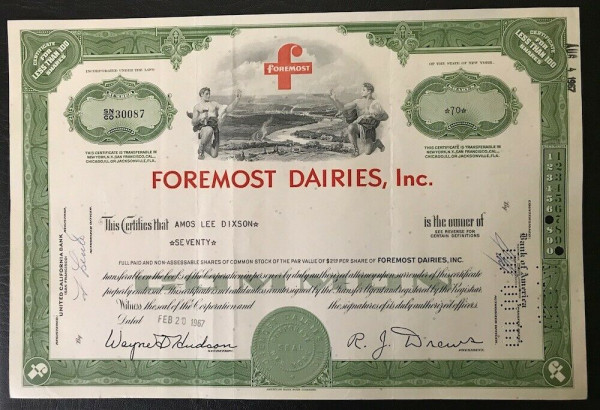 100x Foremost Dairies Inc. (&lt;100 Shares) 1950er