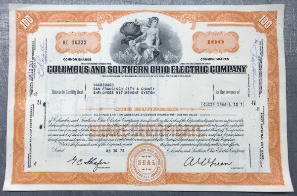 100x Columbus & Southern Ohio Electric (100 Shares) 1970er