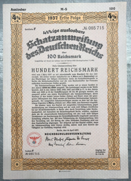 50x Deutsches Reich 1937 - 100 Reichsmark - Schatzanweisung